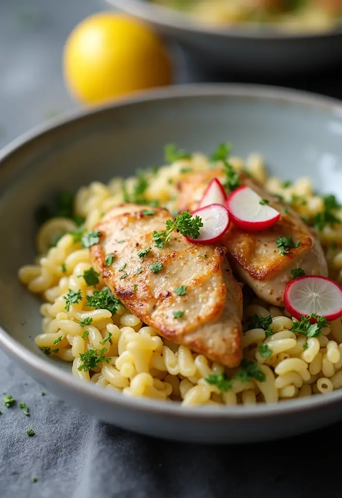 27 Creamy Lemon Chicken Orzo Recipes That Taste Bright & Elegant 169 27 Creamy Lemon Chicken Orzo Recipes That Taste Bright & Elegant - 26. Lemon Chicken Orzo with Radishes