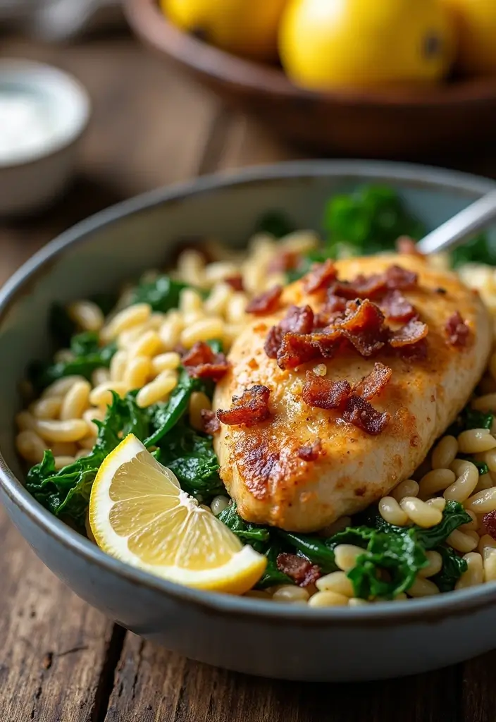 27 Creamy Lemon Chicken Orzo Recipes That Taste Bright & Elegant 176 27 Creamy Lemon Chicken Orzo Recipes That Taste Bright & Elegant - 27. Lemon Chicken Orzo with Chard and Bacon