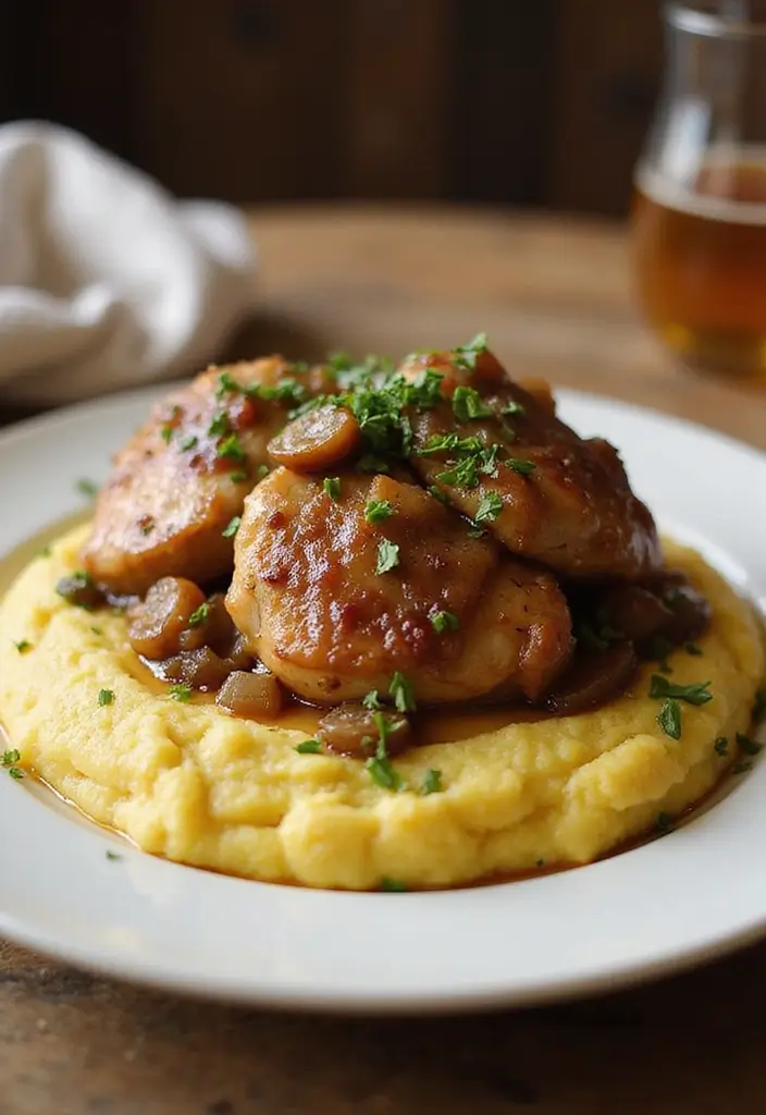 27 French Onion Chicken Thighs Recipes That Are Melty & Delicious - 11. French Onion Chicken Thighs with Polenta