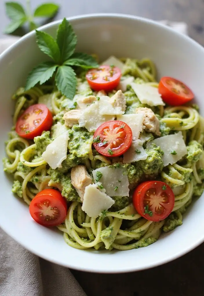 27 Leftover Shredded Chicken Recipes That Make Meal Prep Easy - 22. Shredded Chicken Pesto Pasta