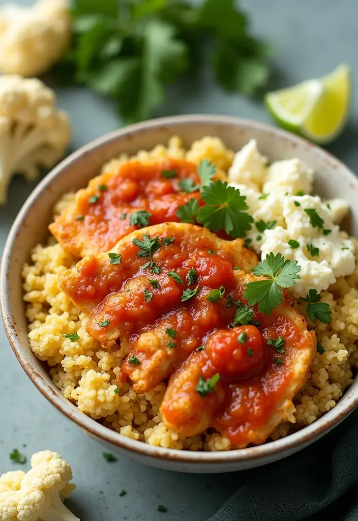 29 Cottage Cheese Chicken Parm Bowl Recipes That Feel Light & Protein-Packed 7 29 Cottage Cheese Chicken Parm Bowl Recipes That Feel Light & Protein-Packed - 6. Cauliflower Rice Cottage Cheese Chicken Parm Bowl