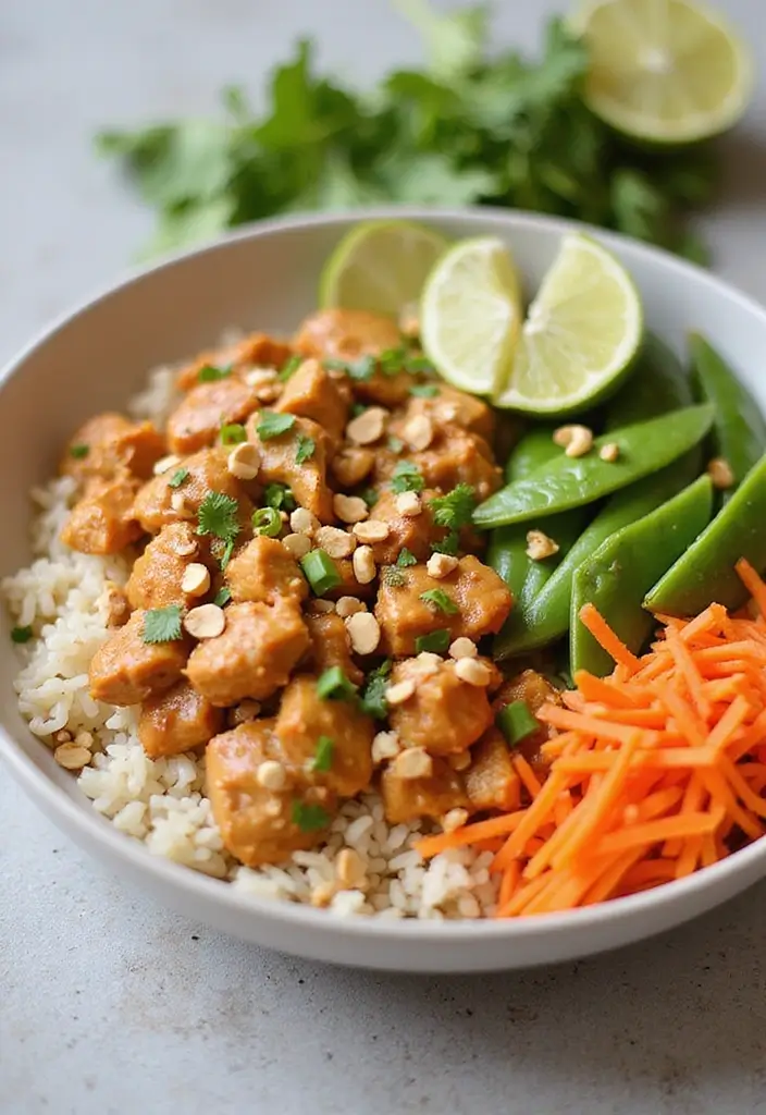 29 Healthy Chicken Burrito Bowl Recipes That Are Meal Prep Goals - 6. Thai Peanut Chicken Burrito Bowl