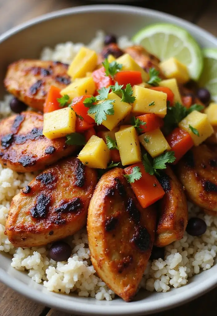 29 Healthy Chicken Burrito Bowl Recipes That Are Meal Prep Goals - 9. Caribbean Jerk Chicken Bowl
