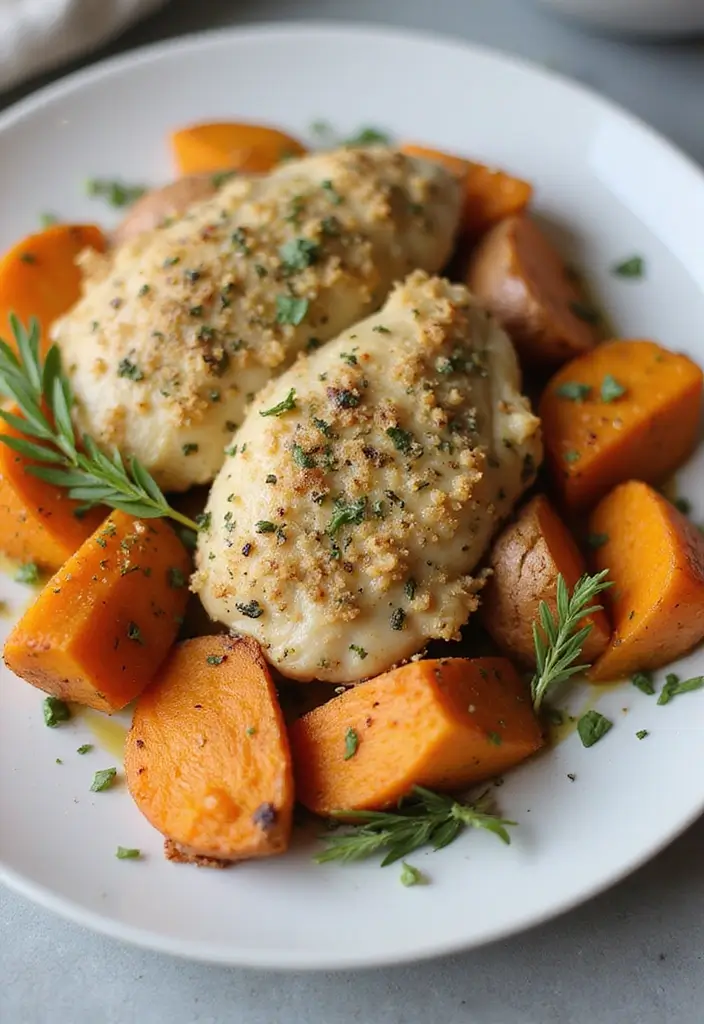 29 Sheet Pan Chicken and Potatoes Recipes That Are Simple & Hearty - 17. Herb-Crusted Chicken with Sweet Potatoes