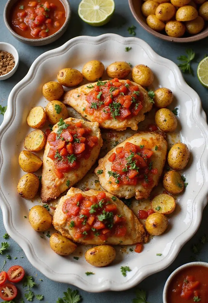 29 Sheet Pan Chicken and Potatoes Recipes That Are Simple & Hearty - 19. Salsa Chicken and Potatoes
