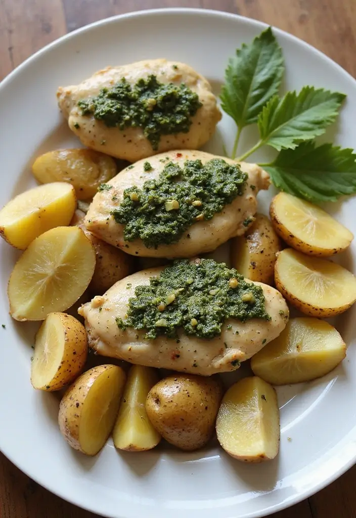 29 Sheet Pan Chicken and Potatoes Recipes That Are Simple & Hearty - 23. Pesto Chicken and Potatoes