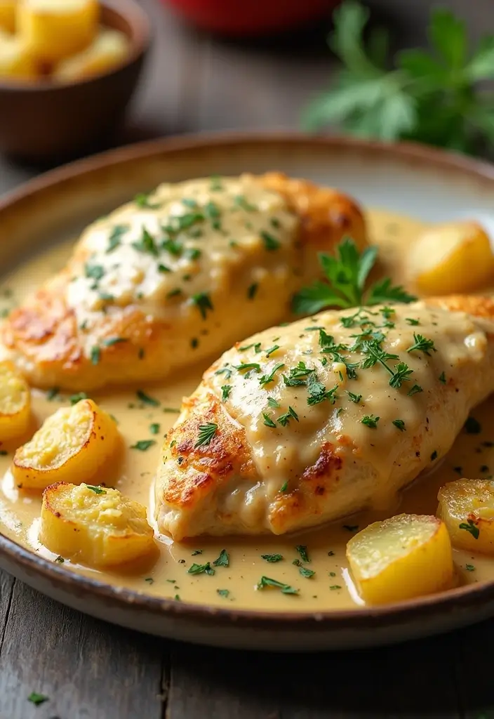 29 Sheet Pan Chicken and Potatoes Recipes That Are Simple & Hearty - 26. Creamy Garlic Parmesan Chicken and Potatoes