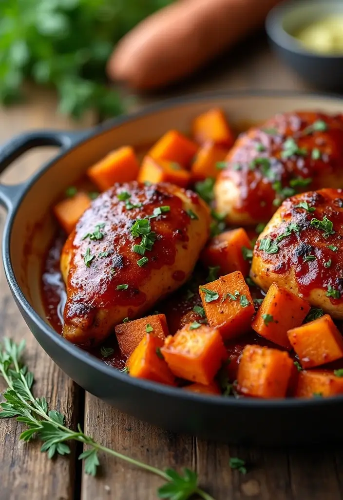 29 Sheet Pan Chicken and Potatoes Recipes That Are Simple & Hearty - 3. Barbecue Chicken and Sweet Potatoes