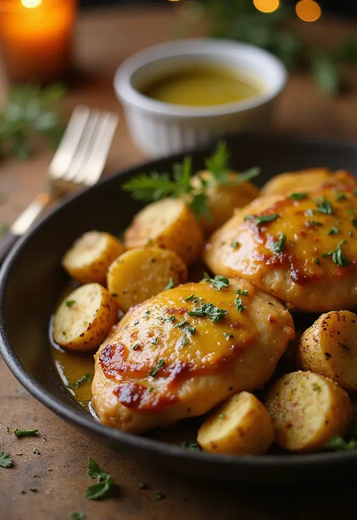 29 Sheet Pan Chicken and Potatoes Recipes That Are Simple & Hearty - 6. Honey Mustard Chicken with Herb Potatoes