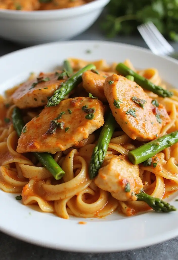 30 Chicken Cajun Pasta Recipes That Are Creamy & Spicy - 12. Spicy Creamy Cajun Chicken Pasta with Asparagus