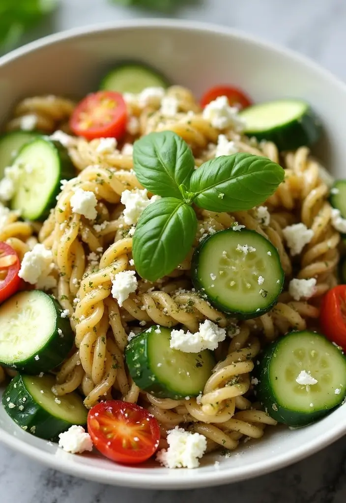 30 Chicken Pesto Pasta Salad Recipes That Are Perfect for Lunch - 19. Chicken Pesto Pasta Salad with Feta and Cucumbers
