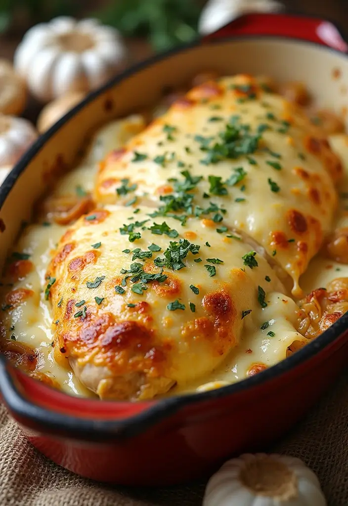 30 French Onion Chicken Noodle Casserole Recipes That Are Cozy & Flavorful - 2. Cheesy Garlic French Onion Chicken Casserole