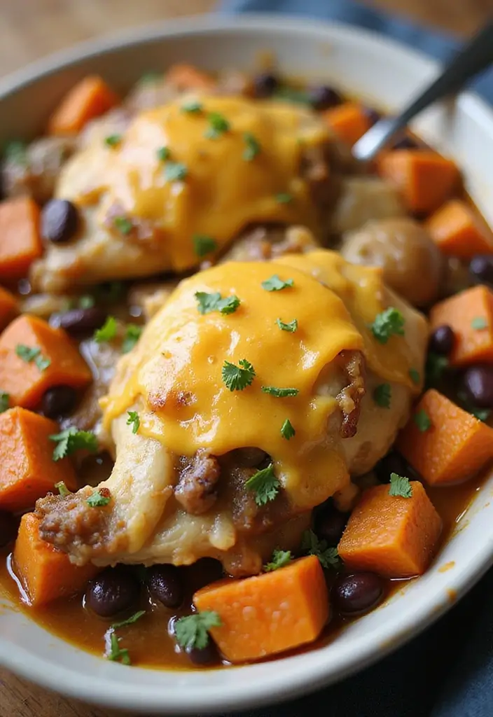 30 French Onion Chicken Noodle Casserole Recipes That Are Cozy & Flavorful - 26. French Onion Chicken Casserole with Sweet Potatoes and Black Beans