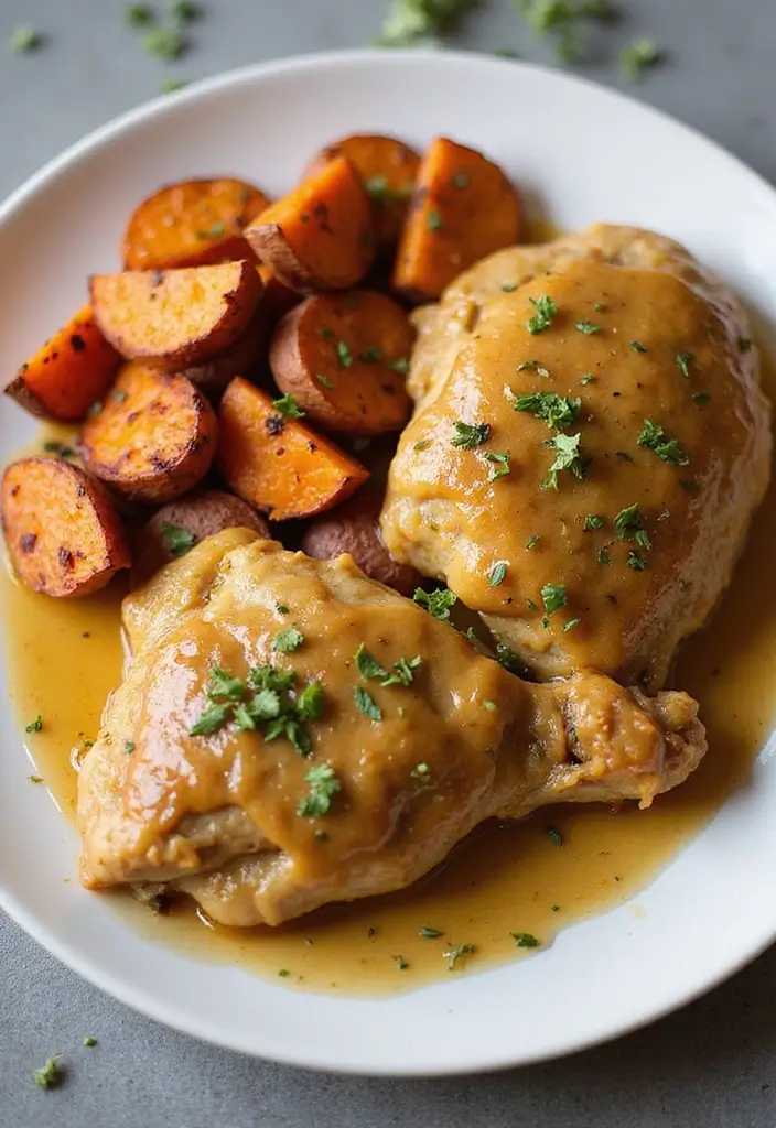 30 Honey Mustard Chicken Thighs Recipes That Are Golden & Juicy - 6. Honey Mustard Chicken Thighs with Sweet Potatoes