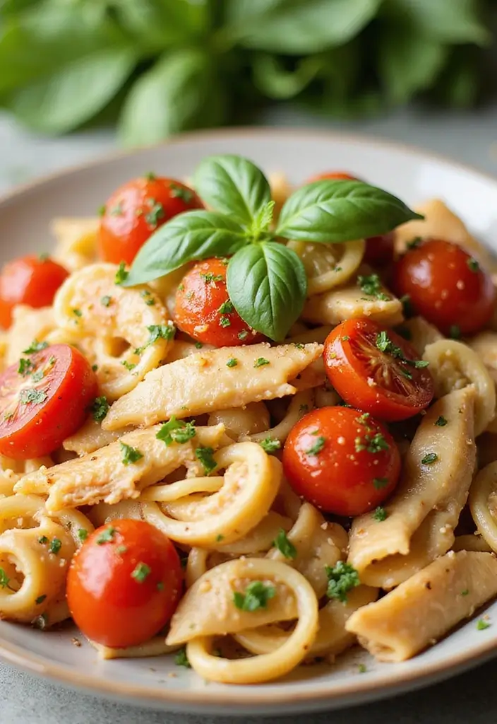 30 Rotisserie Chicken Pasta Recipes That Are Easy & Cheesy - 11. Tomato Basil Chicken Pasta